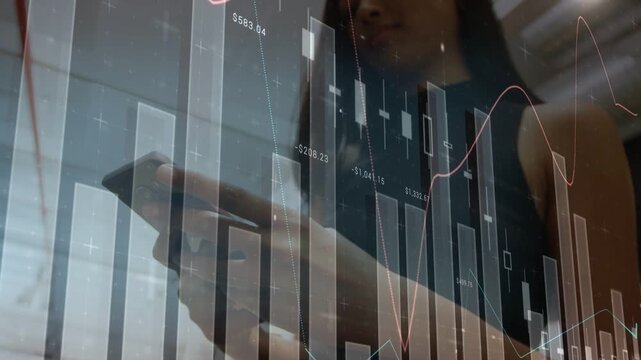 Woman tapping smartphone checking market data, camera rising revealing face while charts overlaying