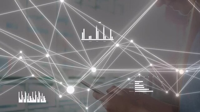 Woman scientist tapping device in lab, activating network overlay highlighting charts for analysis
