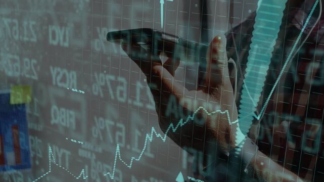 Mature man tapping smartphone, animating financial line charts and numeric tickers tracking market