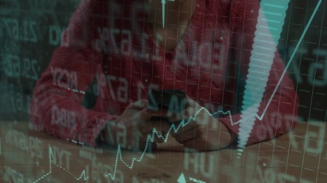 Woman tapping and scrolling phone, monitoring investments, animated finance charts surging upward