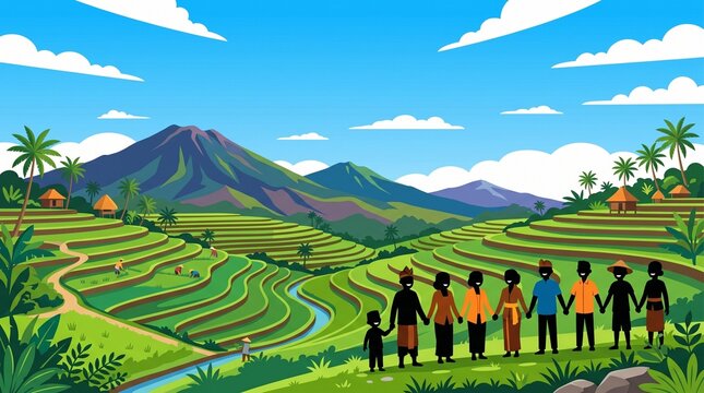 Indonesian landscape vector illustration with green terraced rice fields, mountains, and traditional farmers. Silhouettes of diverse people in traditional Indonesian clothing holding hands for unity a