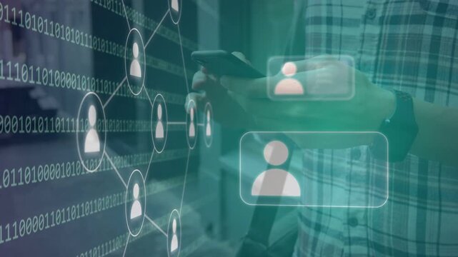 Man tapping phone, node graph expanding left, binary avatars forming chat web near hands for tech