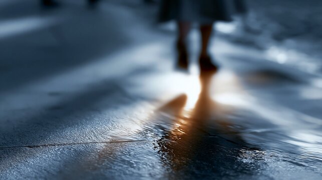 Eine verschwommene Silhouette einer gehenden Person spiegelt sich auf nassem Asphalt mit warmem Lichtschein.