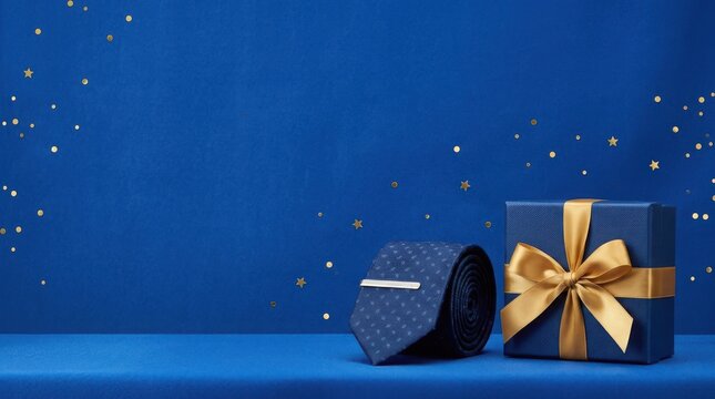Blue necktie with tie clip placed beside gift box tied with golden ribbon on blue surface with falling glitter.