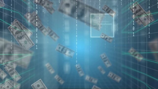 Center glow sending bills from grid, boxes locking bills, binary rain falling, showing finance scan