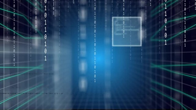 Scanlines sweeping, revealing wireframe HUD panels while binary streams falling, showing data flow