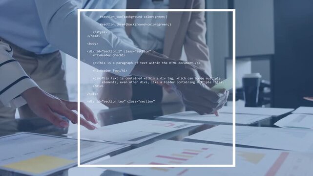 Code overlay appearing, scrolling then fading, revealing hands, team reviewing business charts