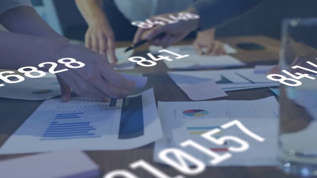 Team reaching in sorting data charts aligning docs while numeric digits scrolling pages analyzing