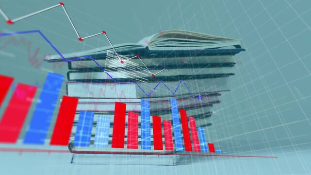 Red baseline appearing, bars rising and lines tracing nodes across open book to show data trends