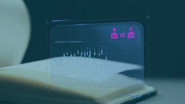 Open book flipping pages after initial sweep, revealing holo candlestick chart for valuation