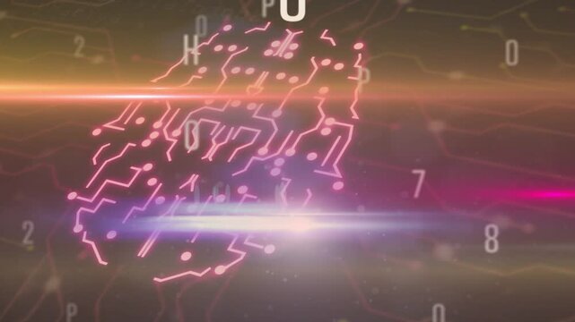 Neon pink circuit cluster coalescing and pulsing as golden midline glow sweeps, showing live data