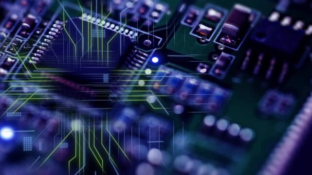 PCB reacting to LED pulse, traces scanning, nodes converging and code scrolling to visualize data