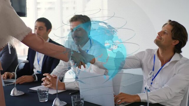 Greeter reaching to shake as greeting, businessman passing grip to right man, blue globe hovering