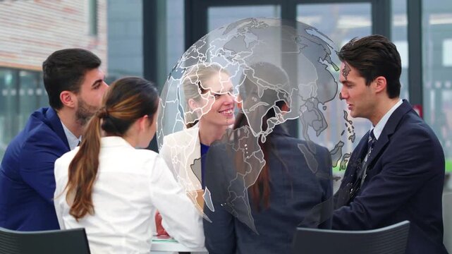 Business woman referring docs speaking sparking globe covering faces team leaning toward deal