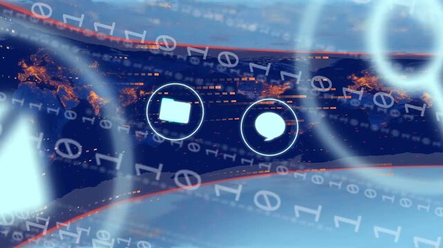 Curved band starting glowing UI icons appearing pulsing shifting and sliding showing night map