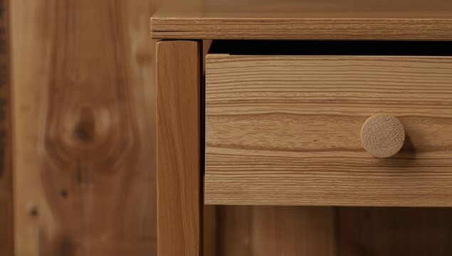 Close capture of wooden table leg and corner drawer juxtaposed with a light wooden furniture backdrop
