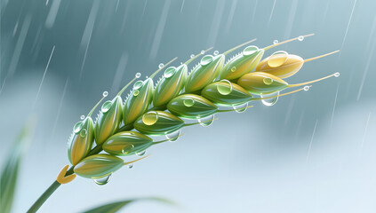 Fototapeta premium Raindrops on wheat ears for Xiaoman solar term agricultural scene