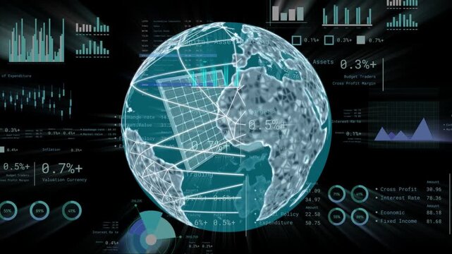 On data refresh holographic globe rotating and forming wireframe network while panels updating