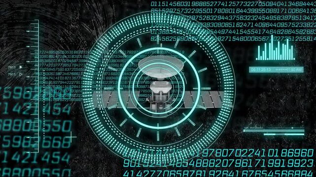 Concentric HUD initiating lock, satellite holding center, teal data scrolling for diagnostics