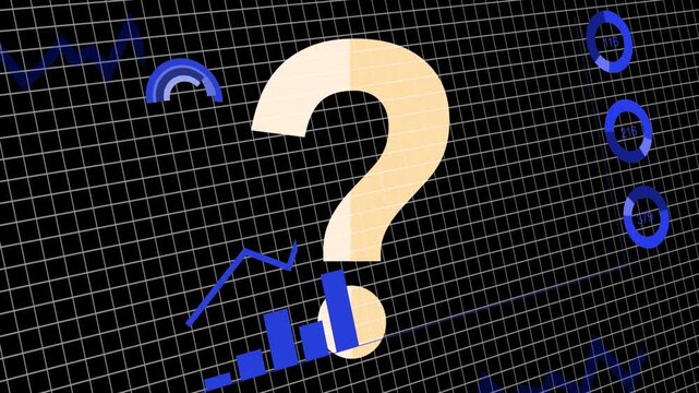 Blue fragments aligning, beige question mark forming center while bars rising, visualizing trends