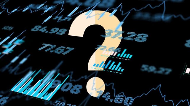 Camera shifting beige question-mark rising to center as cyan tickers scrolling to show market doubt
