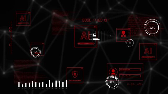 AI window appearing, network display pulsing with gauges updating and icons moving, showing threats
