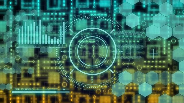 On data update central concentric HUD rotating hex grid pulsing bars varying for system monitoring