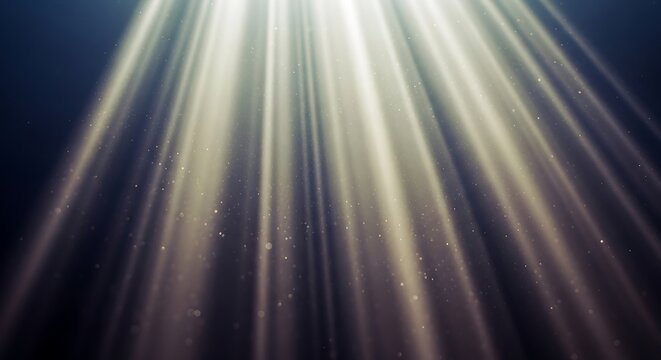 Bright light rays shining down with floating dust particles in dark atmosphere