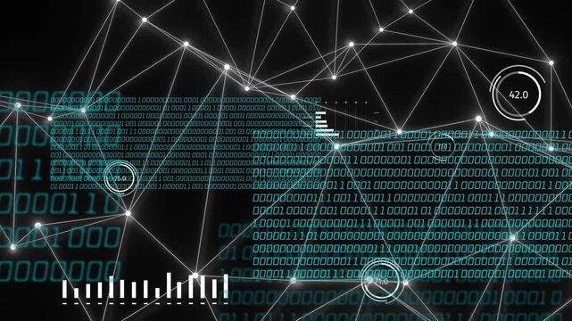 Binary columns appearing, network pulsing, matrices sliding and gauges updating to show data flow