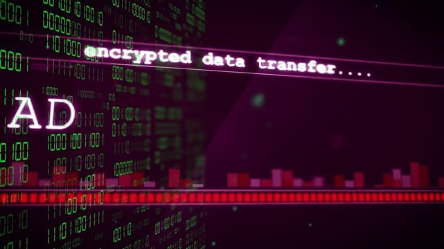 Encrypted text appearing, ADMINISTRATOR label glitching letters, bar pulsing, indicating transfer