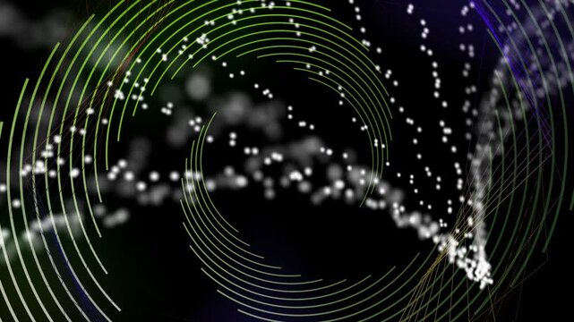 Particle surge initiating motion, green arcs forming spiral, dotted streams focusing, showing flow