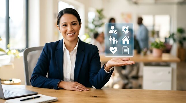 Smiling professional businesswoman presenting floating digital icons for insurance health family and home coverage in an office
