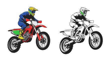 Obraz premium Motocross Rider and Bike, Action Sport, Color and Outline Illustration
