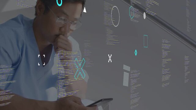 Man in medical scrubs tapping phone on stair landing, causing floating clinical UI and code review