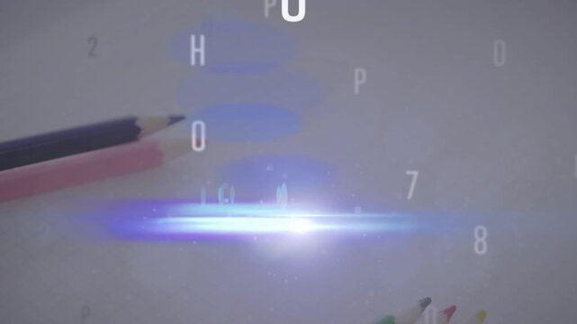 Glyph layer appearing, glyphs drifting and lens flares sweeping while pencils shifting showing art