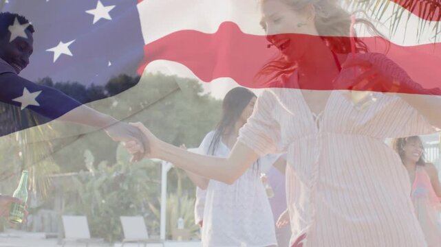 Pair taking hands dancing across pool at party drinks visible American flag overlay across frames