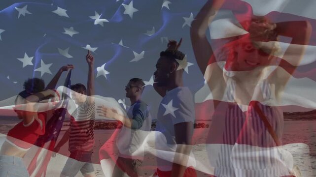 Group walking beach, flag bearer waving, celebrating marketing, flag overlay rippling over group