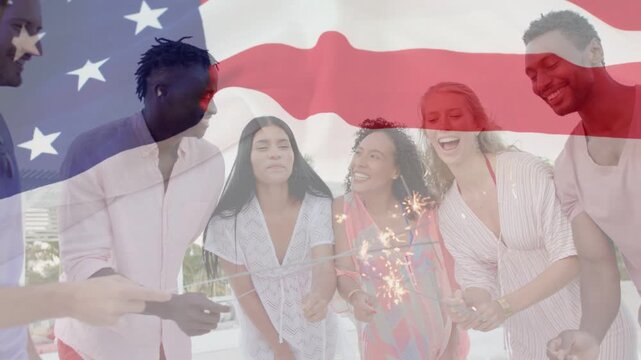 6 adults celebrating on deck lighting sparklers, lighter sparking, marketing US flag waving overlay