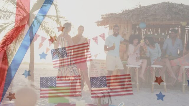 Flag overlay fading, woman dancing on sand and bearded man raising drink, celebrating holiday event