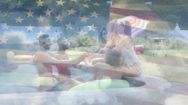 Social friends passing bottle, reaching then toasting on floats as flag or cloud overlay washing ove