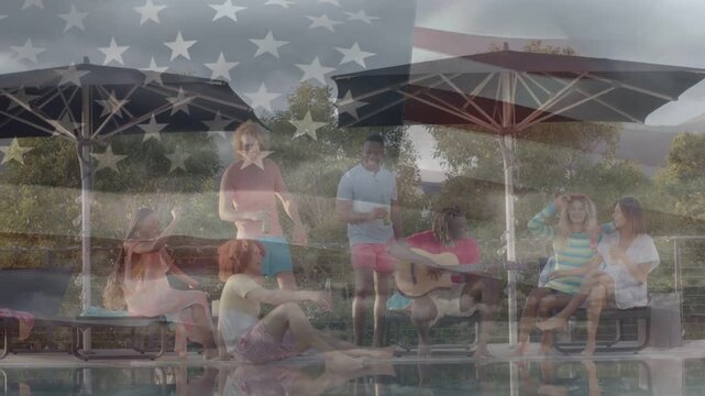 7 adults poolside leisure, player strumming then speaker gesturing, transparent US flag overlaying