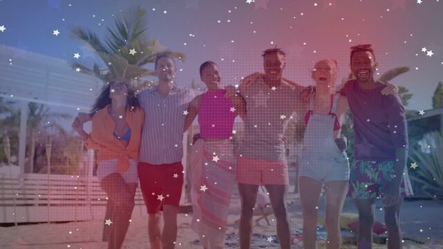 Six pals arm-in-arm walking beach sand, star particles and color wash overlaying them for travel