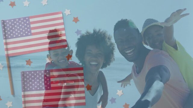 Dad reaching selfiestick starting travel beach, mom hugging son, girl waving, flag stars overlaying