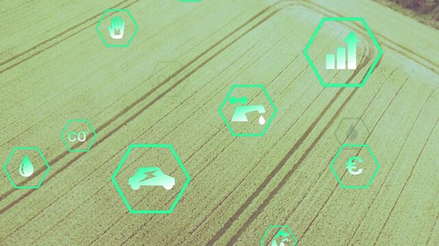 Camera panning diagonally, green hex icons shifting and clustering, highlighting field metrics