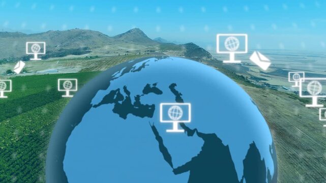 Globe rising in view, rotating as grid drawing, icons popping and orbiting, fading, showing network