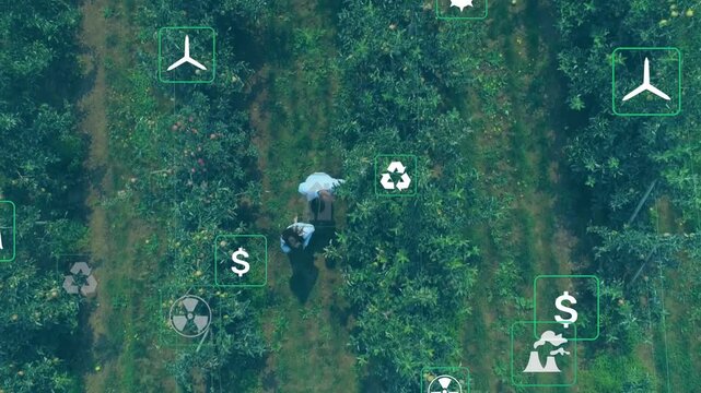 Data overlay appearing, two farmers walking rows, checking crops while eco icons guiding yield plan