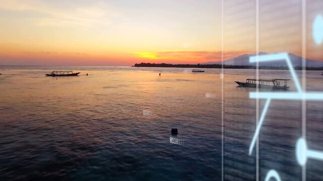 Sunset sea boats drifting, vertical bars emerging, neon-blue circuits sliding left, forming overlay