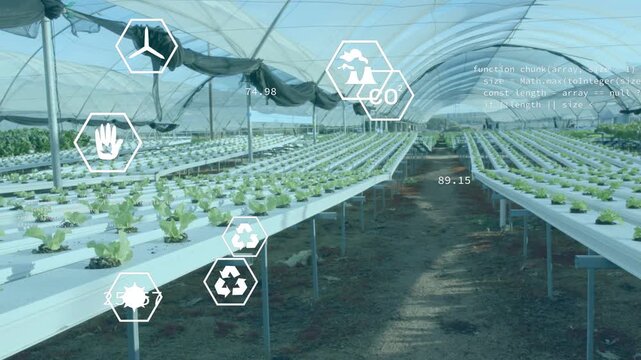 Hydroponic greenhouse sensing conditions, hex icons appearing, annotating beds and tracking metrics