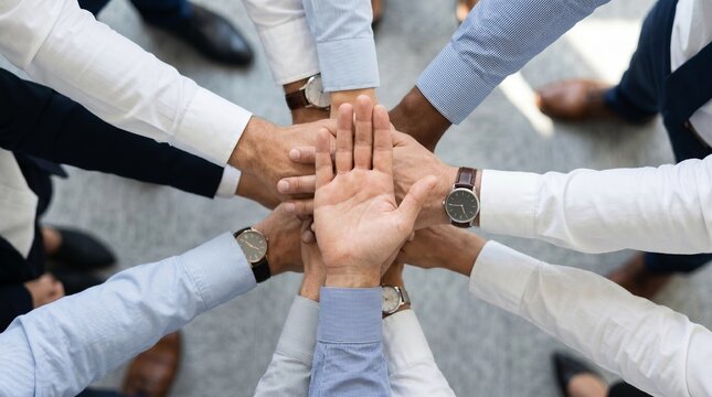 Diverse Professional Business Team Standing in a Circle Joining Hands in a Unity Huddle on a High-Tech Financial Trading Floor with Glowing Digital Stock Tickers