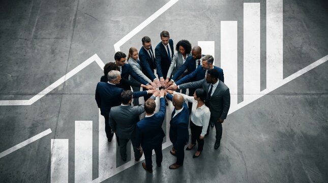 Diverse Professional Business Team Standing in a Circle Joining Hands in a Unity Huddle on a High-Tech Financial Trading Floor with Glowing Digital Stock Tickers
